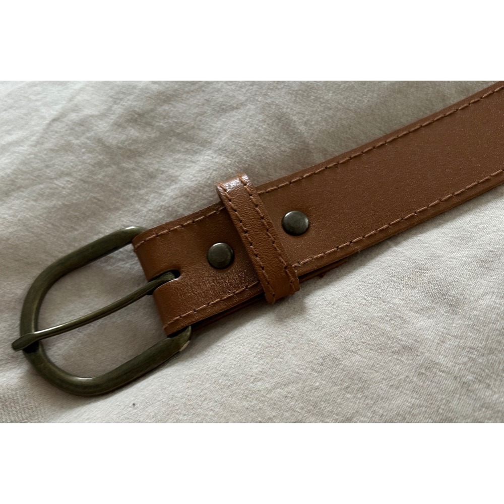 Vintage Brown Faux Leather Belt Antique Brass Buckle Size 6 Made in Hong Kong